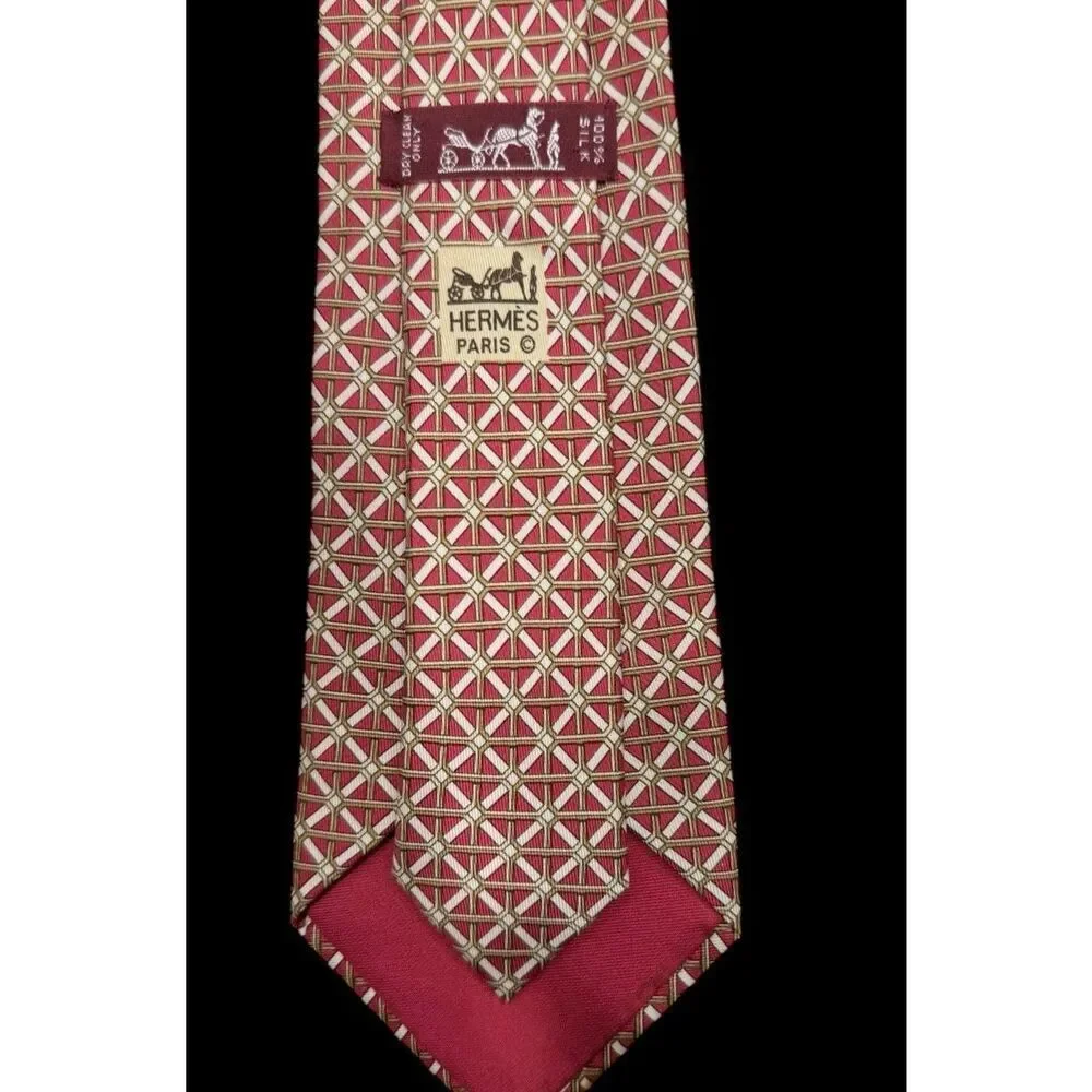 Hermes Men’s 100% Silk Tie France Red Geometric Pattern Career Dad Designer